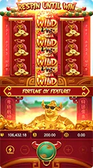 Fortune Ox · Pemeriksaan susunan simbol pada gulungan dan spanduk informasi tengah.